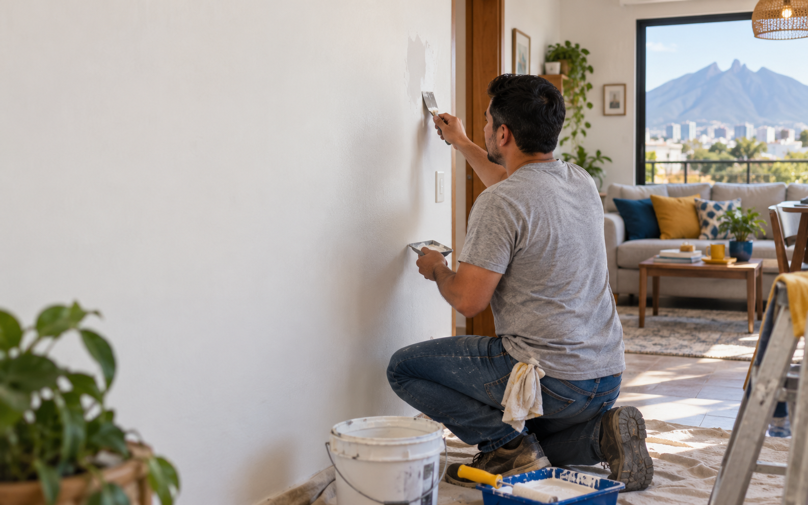 Profesional reparando cuidadosamente un muro dentro de una casa